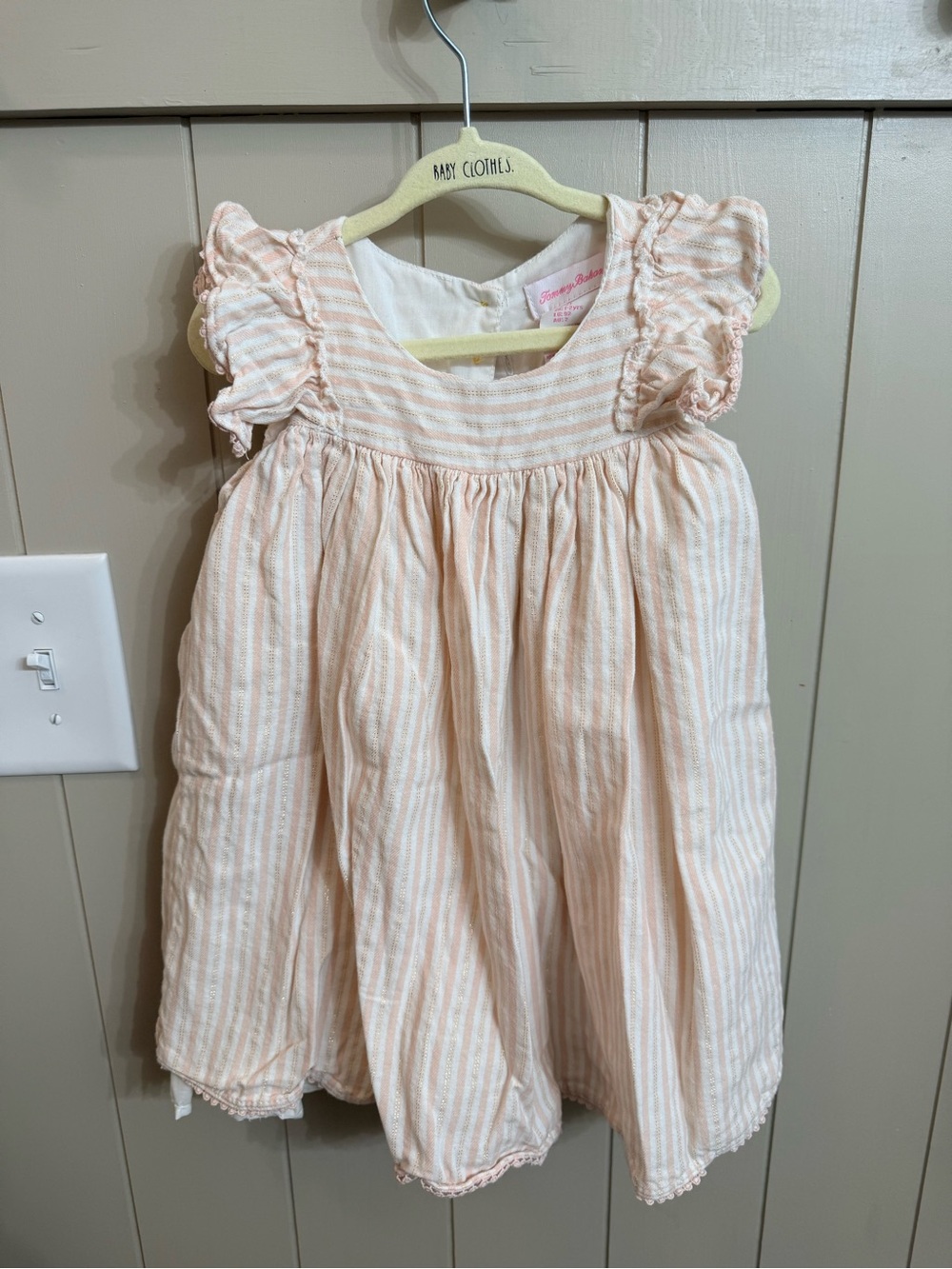 Tommy Bahama Lite Pink and White Striped Ruffle-Sleeve Dress Top